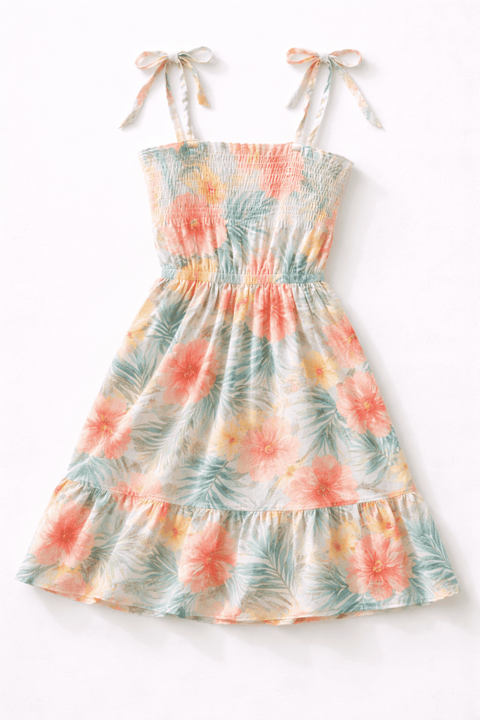 Tropical floral sundress flat lay


