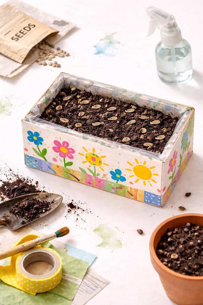 A repurposed tissue box transformed into a charming planter, lined subtly with a plastic bag and filled with rich, dark soil