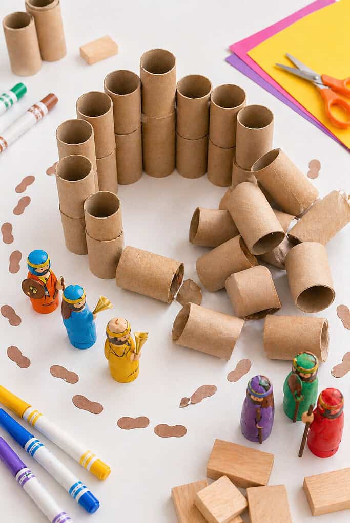 a small “wall” built from stacked cardboard toilet paper rolls or simple wooden blocks.