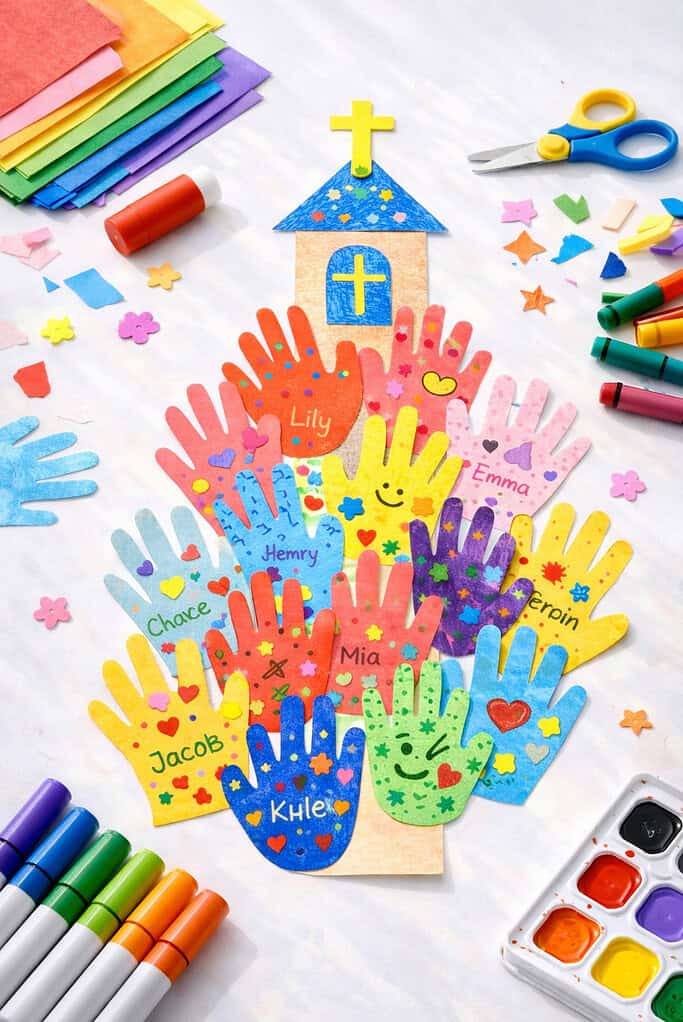 Colorful paper handprint church craft