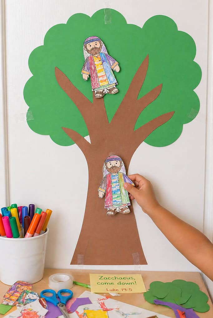 a large, simple paper tree taped onto a white wall or door