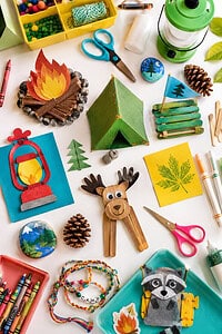 children’s camping craft supplies organically across the table