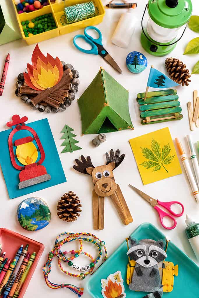 children’s camping craft supplies organically across the table