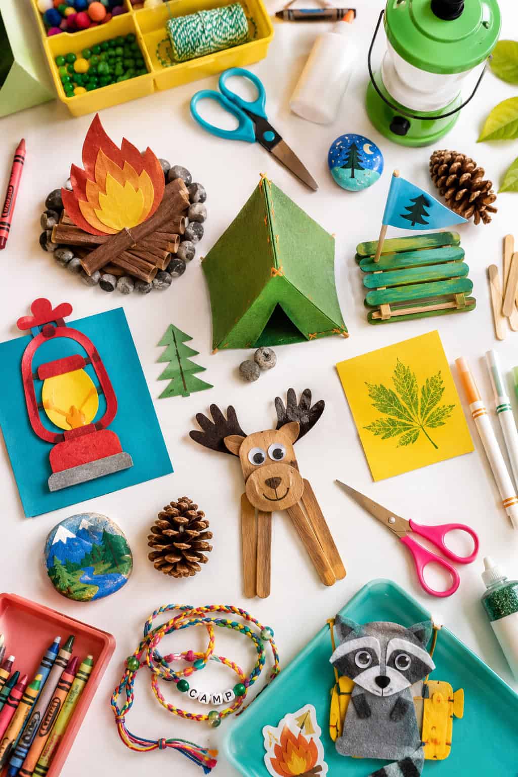 children’s camping craft supplies organically across the table