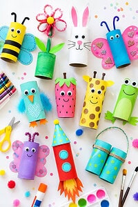 a playful assortment of colorful DIY crafts made from recycled toilet paper rolls