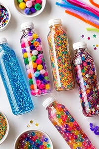 Multiple clear sensory bottles arranged organically across the frame, partially overlapping for depth and visual interest