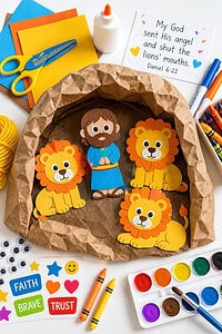 a handmade paper craft scene of Daniel standing calmly among friendly, cartoon-style lions inside a “den”