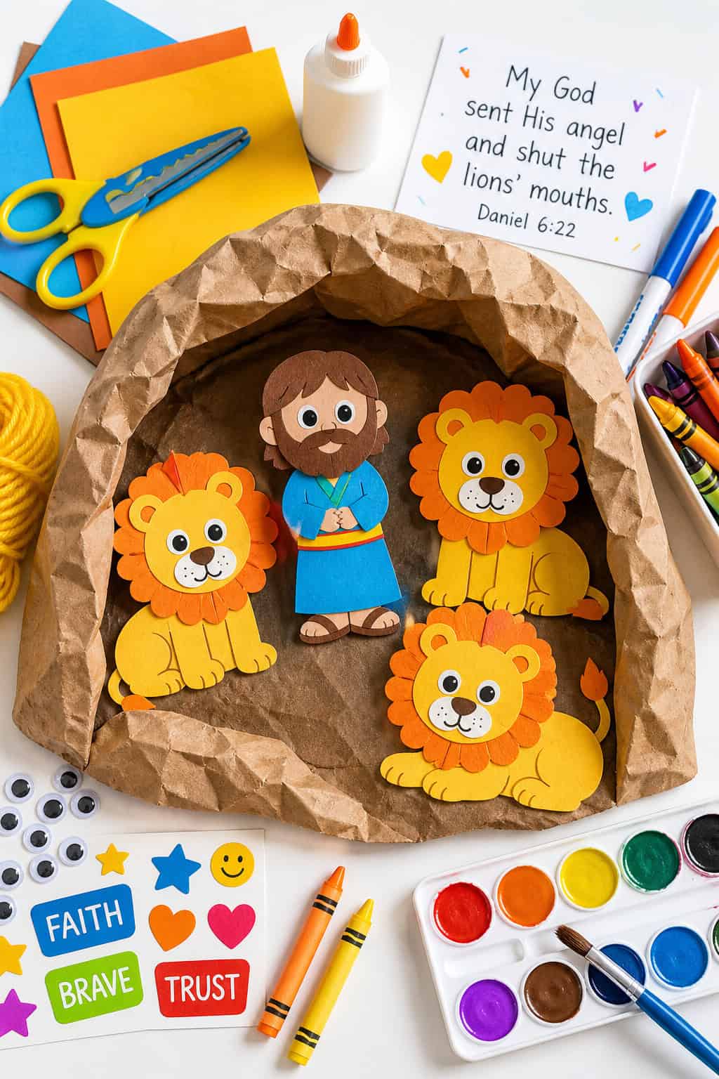 a handmade paper craft scene of Daniel standing calmly among friendly, cartoon-style lions inside a “den”