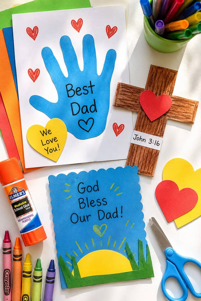 a handprint card with the words “Best Dad”, a small paper cross craft, heart cutouts, crayons, scissors, glue sticks, colorful construction paper, markers, and simple DIY decorations.