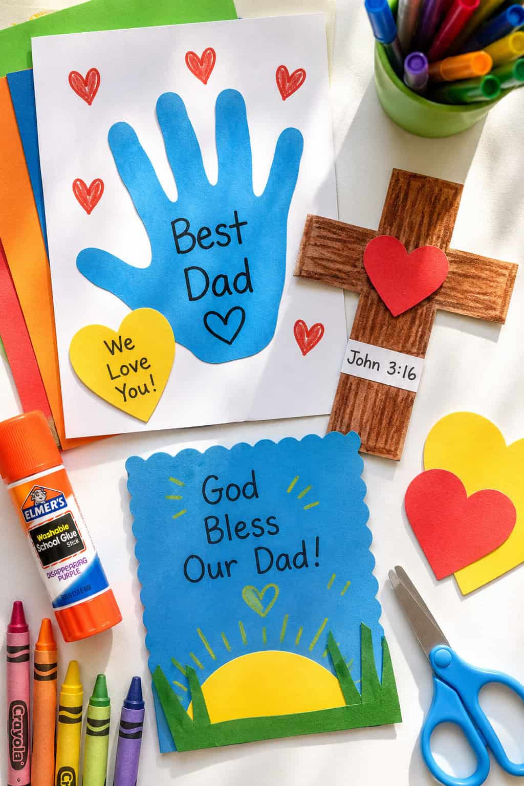 a handprint card with the words “Best Dad”, a small paper cross craft, heart cutouts, crayons, scissors, glue sticks, colorful construction paper, markers, and simple DIY decorations.