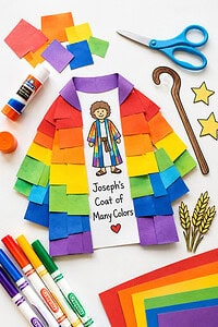 a colorful handmade craft inspired by Joseph’s coat of many colors, designed for kids’ Sunday school or homeschool Bible lessons