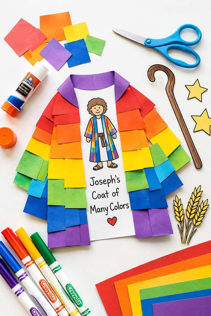 a colorful handmade craft inspired by Joseph’s coat of many colors, designed for kids’ Sunday school or homeschool Bible lessons