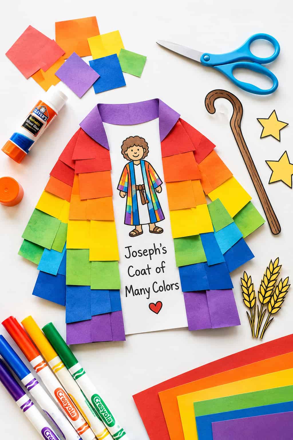 a colorful handmade craft inspired by Joseph’s coat of many colors, designed for kids’ Sunday school or homeschool Bible lessons