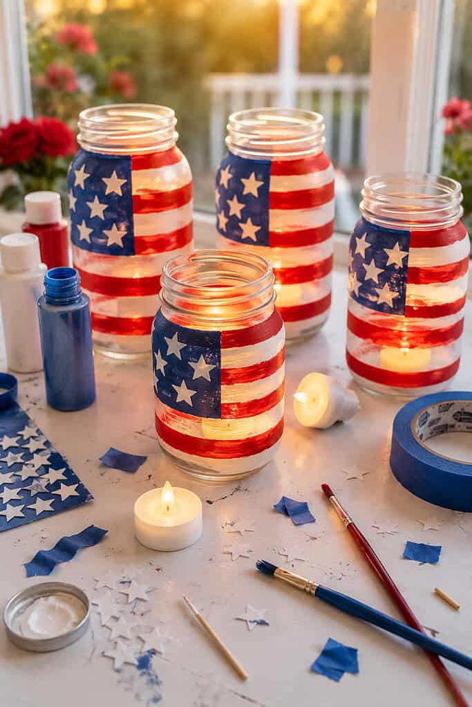 several clean mason jars painted to resemble patriotic flag designs