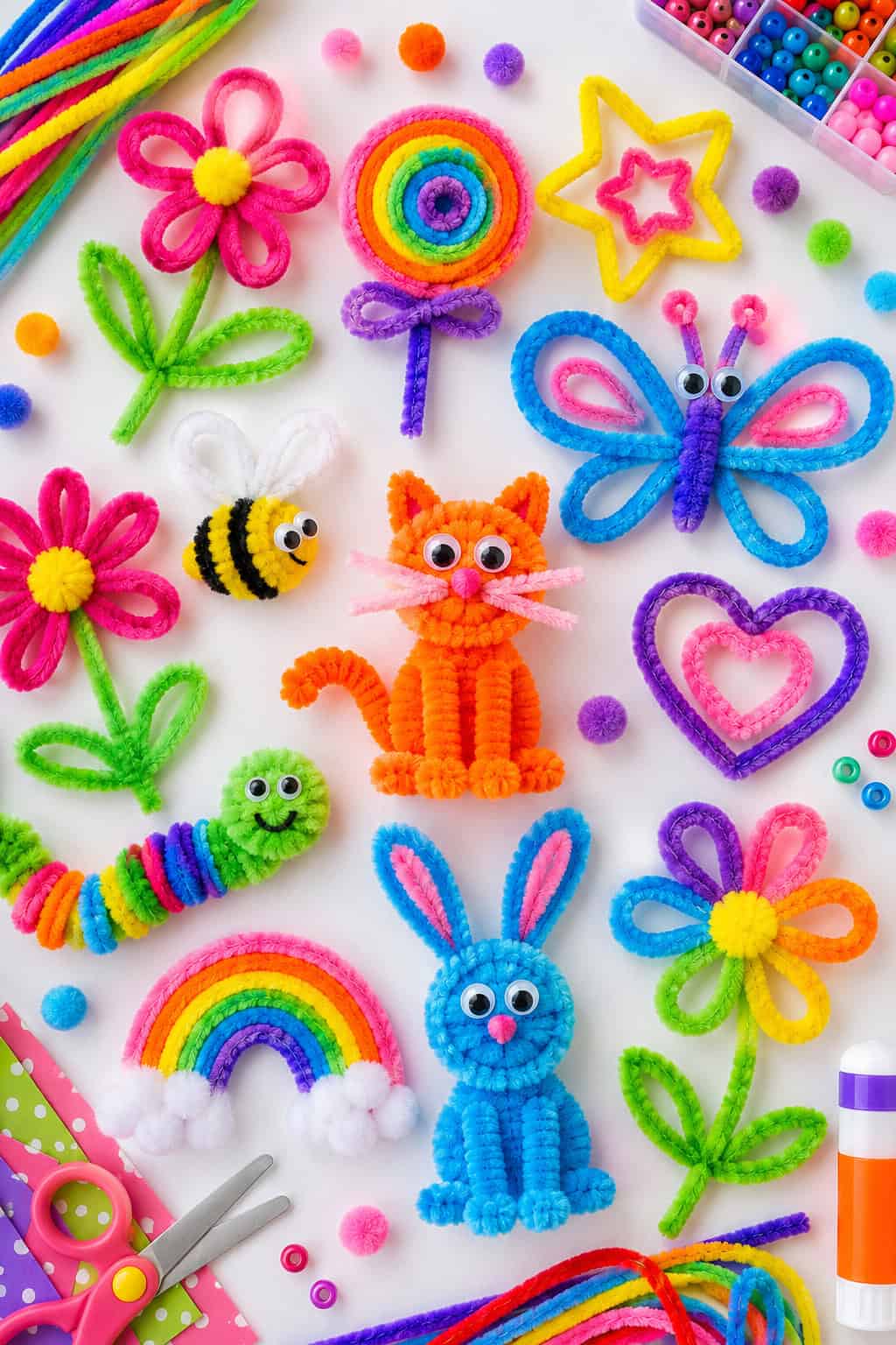 a colorful pipe cleaner flower bouquet craft for kids arranged on a bright white table.