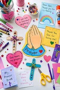 a variety of kid-friendly prayer crafts spread neatly across the table