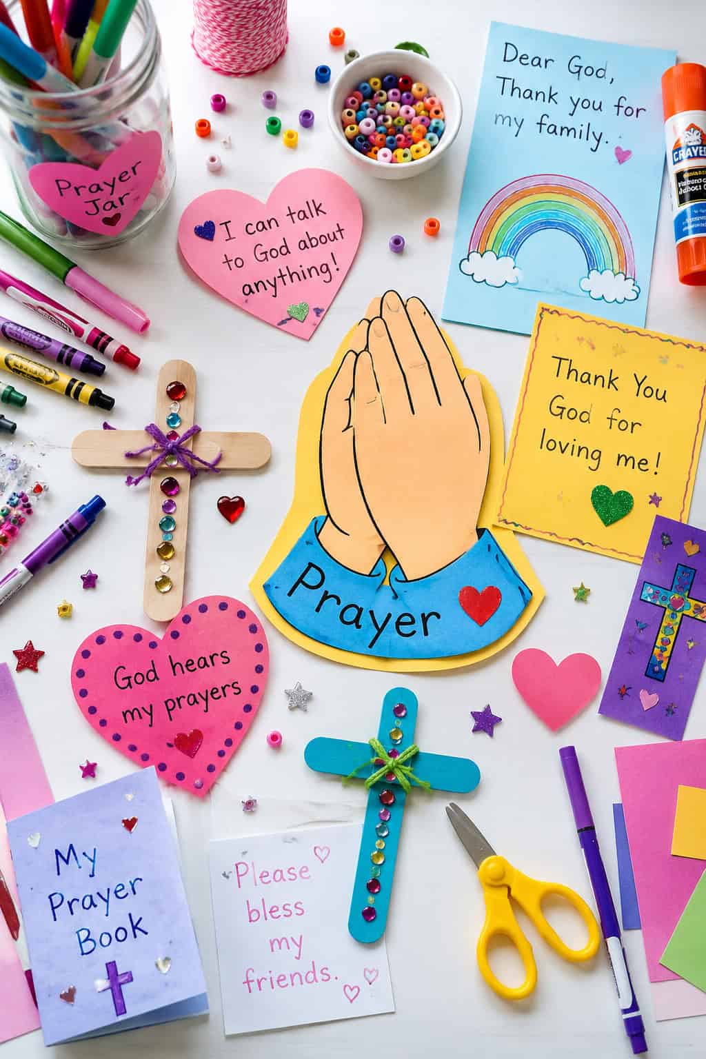 a variety of kid-friendly prayer crafts spread neatly across the table