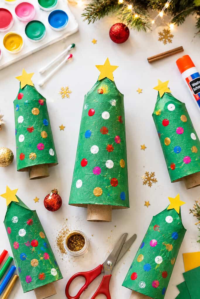 handmade Christmas trees created from recycled toilet paper rolls