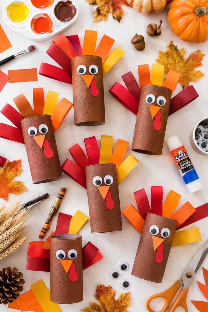 handmade turkeys created from recycled toilet paper rolls