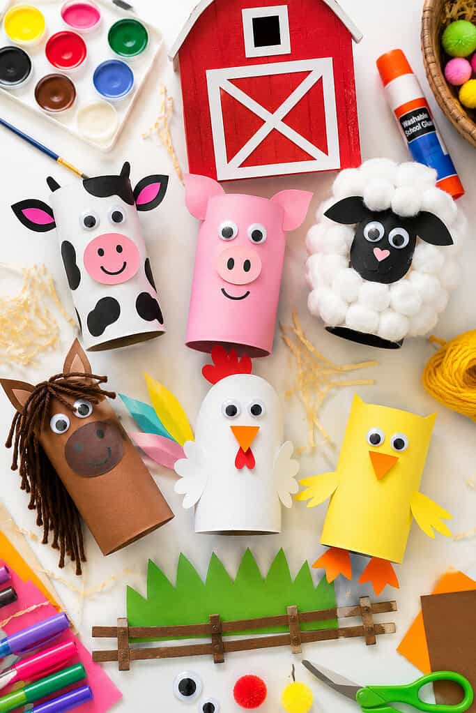 an adorable collection of handmade farm animals created from recycled toilet paper rolls