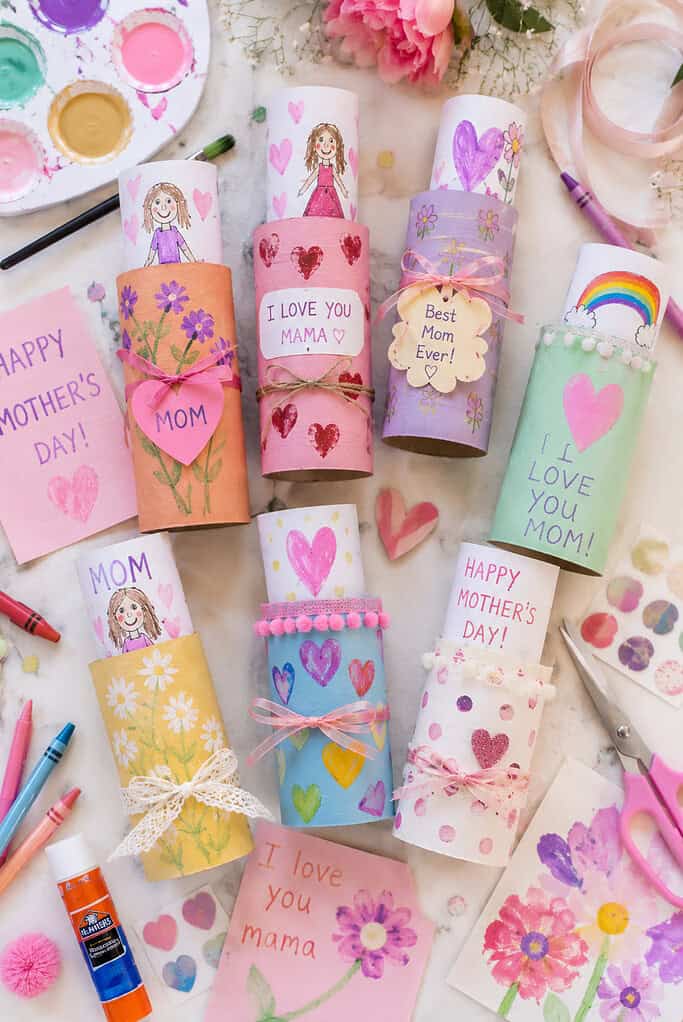 Several decorated toilet paper roll gift tubes