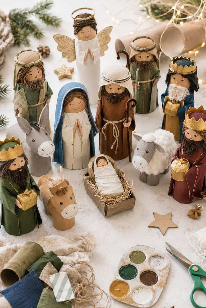 a charming handmade nativity set created from recycled toilet paper rolls