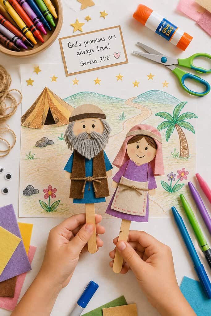 two handmade stick puppets of Abraham and Sarah attached to wooden craft sticks