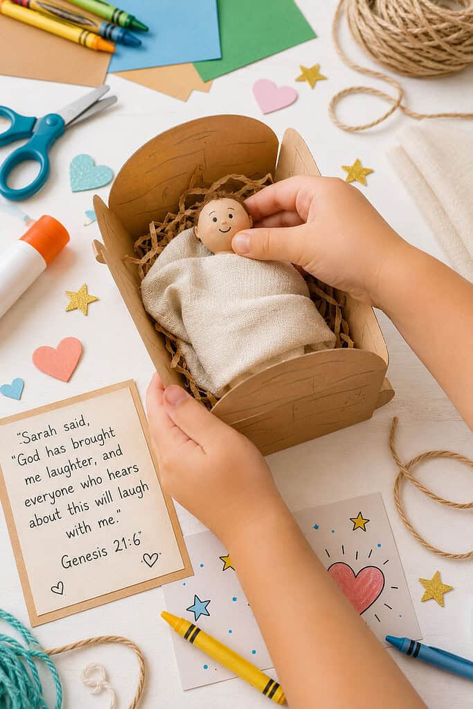 Handmade paper crib crafted from tan cardstock, kraft paper, or light wood-textured paper with a tiny peg doll