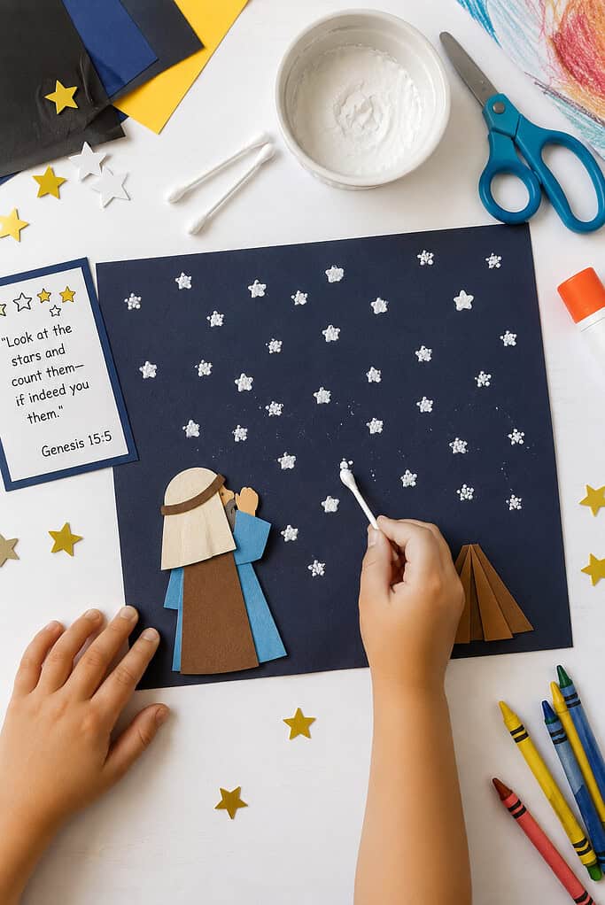 a sheet of dark navy blue or black construction paper covered in hand-dabbed white paint stars