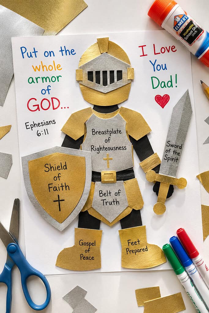 cut and glued pieces representing the Armor of God — the shield of faith, helmet of salvation, breastplate of righteousness, sword, and other armor elements