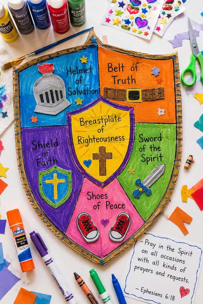 a large handmade shield craft cut from recycled cardboard, clearly shaped like a child-sized medieval shield and decorated with vibrant paint, markers, stickers, and colorful craft paper.