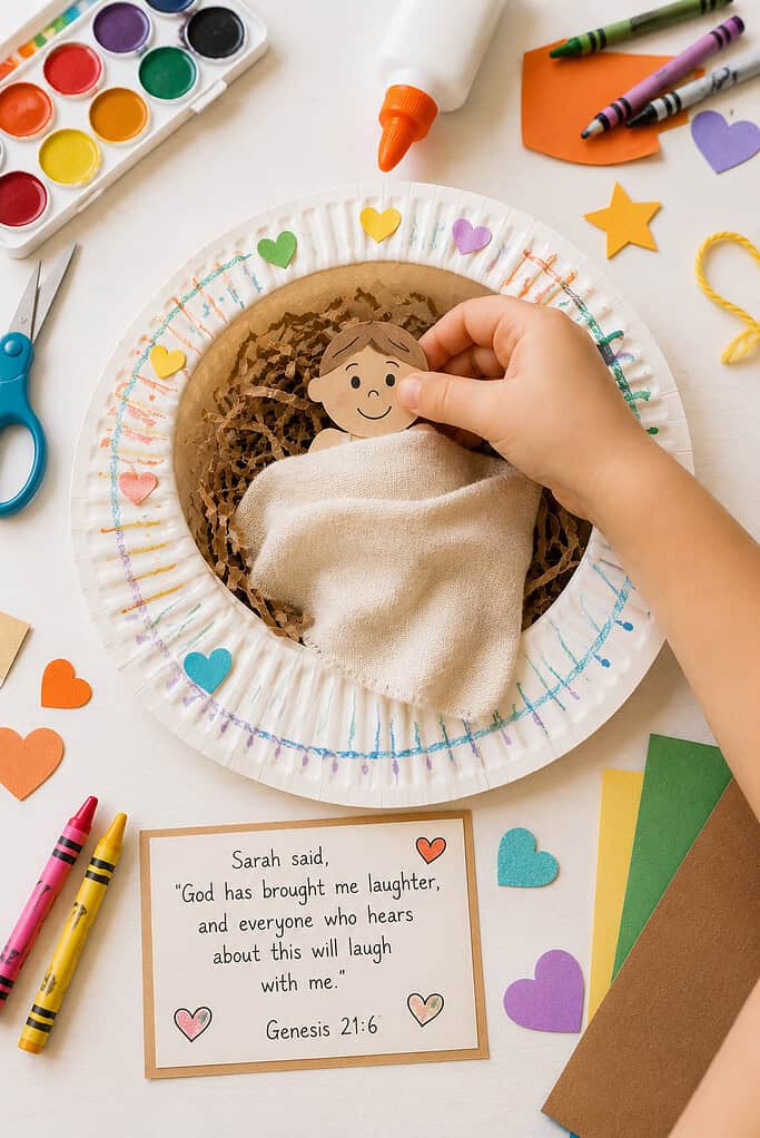 White paper plate decorated with crayons, watercolor paint, stickers, and childlike doodles