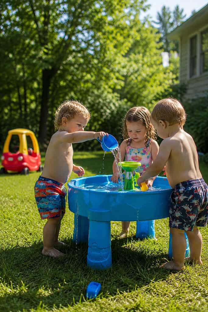 young children enjoying simple backyard water play on a warm summer afternoon