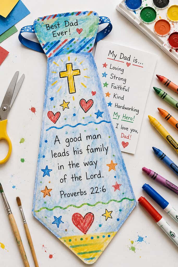 a large necktie shape cut from thick cardstock and decorated by a child using crayons, watercolor paints, markers, and playful doodles.