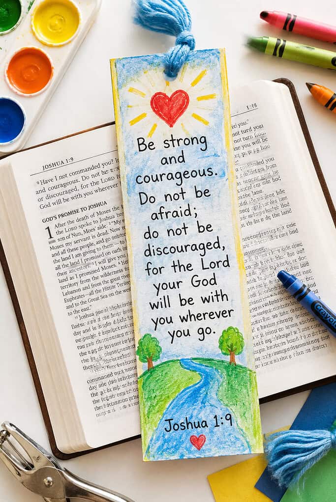 a colorful handmade bookmark crafted from long strips of cardstock decorated by a child using crayons, watercolor paints, doodles, and playful patterns.