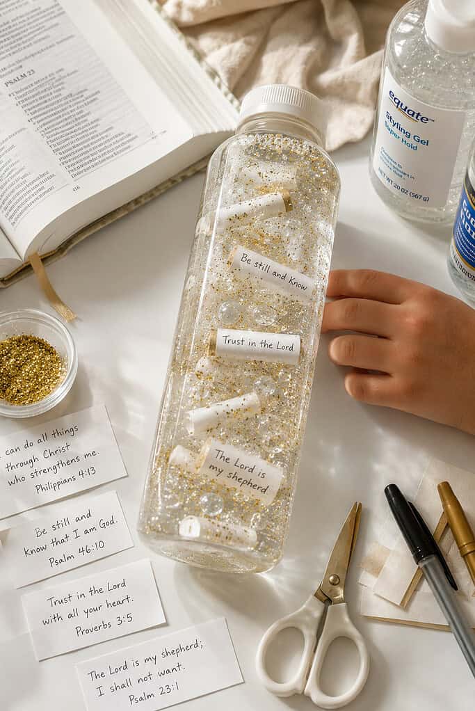 one elegant clear plastic sensory bottle filled with crystal-clear water mixed with translucent clear hair gel to create a slow-floating effect.