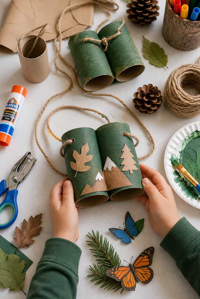 a completed pair of homemade binoculars crafted from two empty toilet paper rolls glued side by side