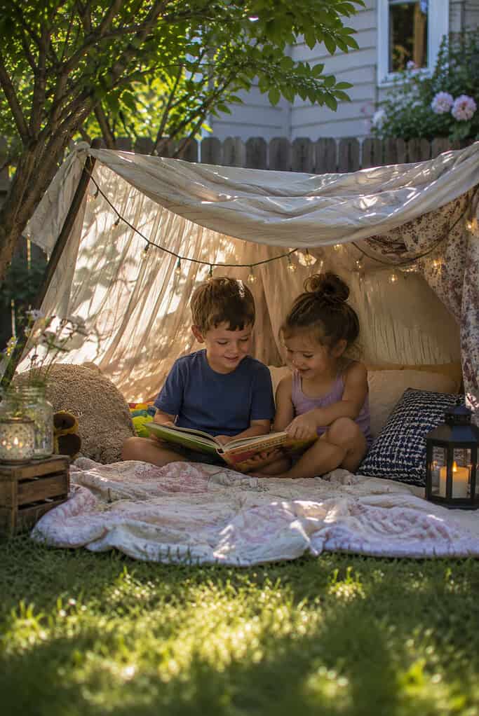a homemade fort built outdoors using old white sheets draped over lawn chairs, wooden poles, or a clothesline in a sunny backyard.