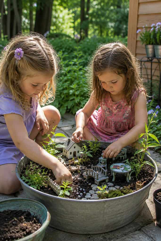 young children and toddlers gathered in a quiet corner of a backyard garden or on a shaded porch, carefully creating a tiny fairy world using natural materials.