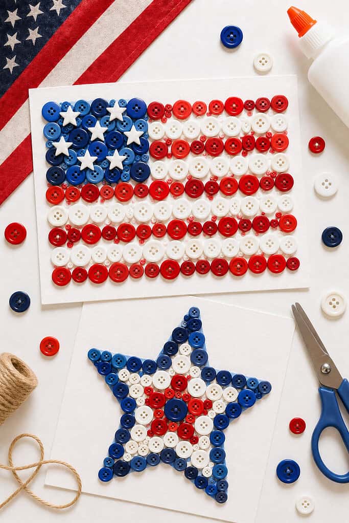 a handmade patriotic craft created on textured cardstock using red, white, and blue buttons