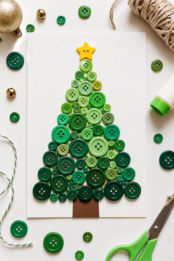 a handmade Christmas tree created from layered green buttons arranged in a triangle shape on textured cardstock.