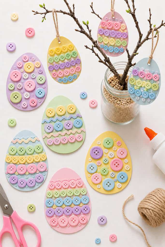 handmade Easter egg crafts cut from cardstock and decorated with pastel-colored buttons