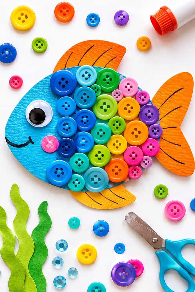 a handmade fish cut from cardstock, fully decorated with overlapping colorful buttons that resemble shimmering fish scales.