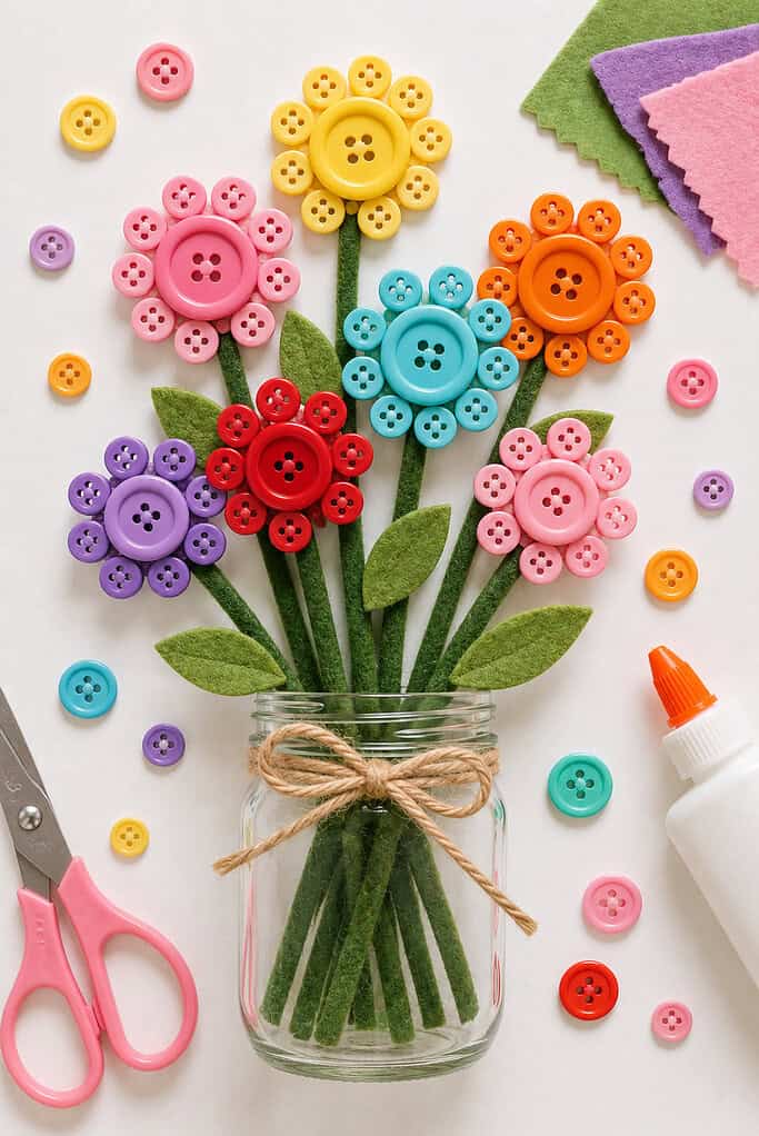 several handmade button flowers created with large buttons as flower centers