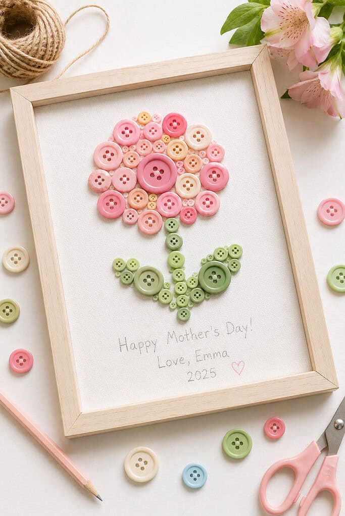 a heartfelt handmade artwork created by a child using colorful buttons arranged into a flower, heart, or small handprint