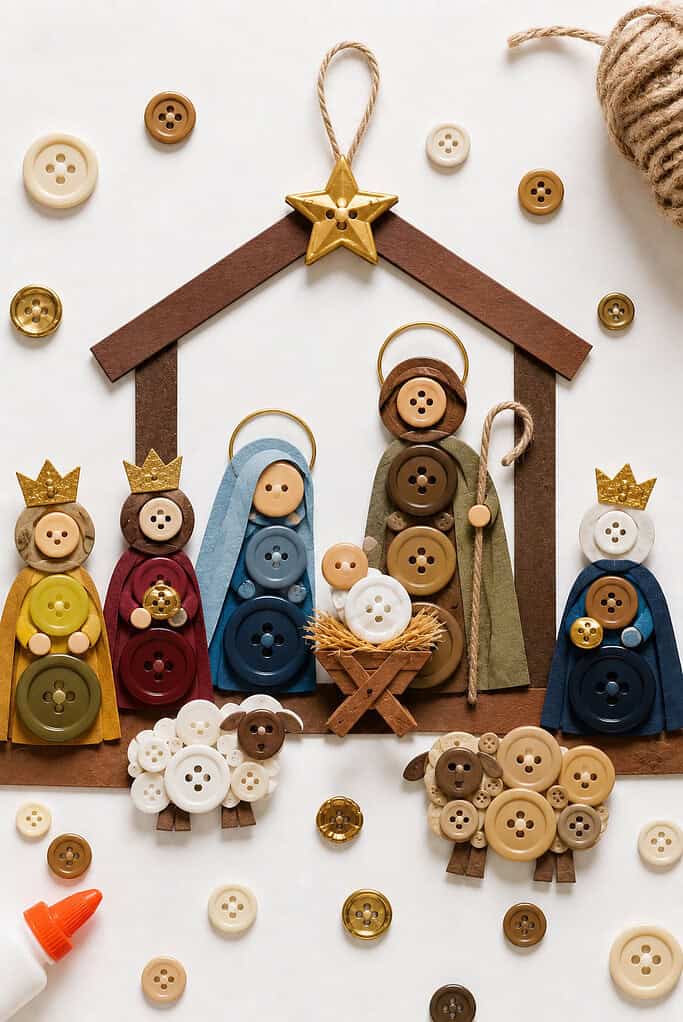 a handmade nativity scene created using assorted buttons in varying sizes, shapes, and soft earthy colors to form the figures of Mary, Joseph, baby Jesus in a manger, the wise men, and a shining star above.