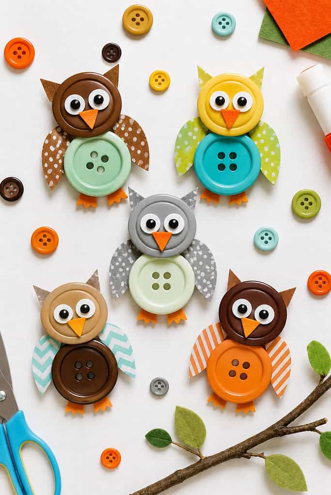 adorable handmade owls created from stacked buttons