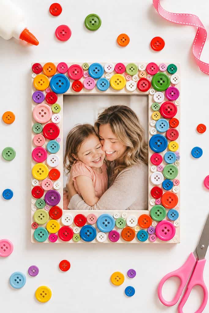 a handmade wooden or cardboard picture frame decorated with colorful buttons of various sizes