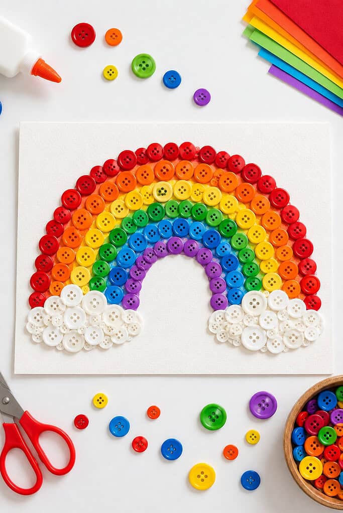 a handmade rainbow artwork on textured white cardstock, with arching rainbow stripes carefully filled using colorful buttons sorted by color