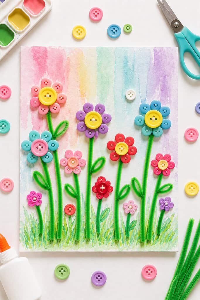 a cheerful handmade spring garden artwork created on watercolor paper